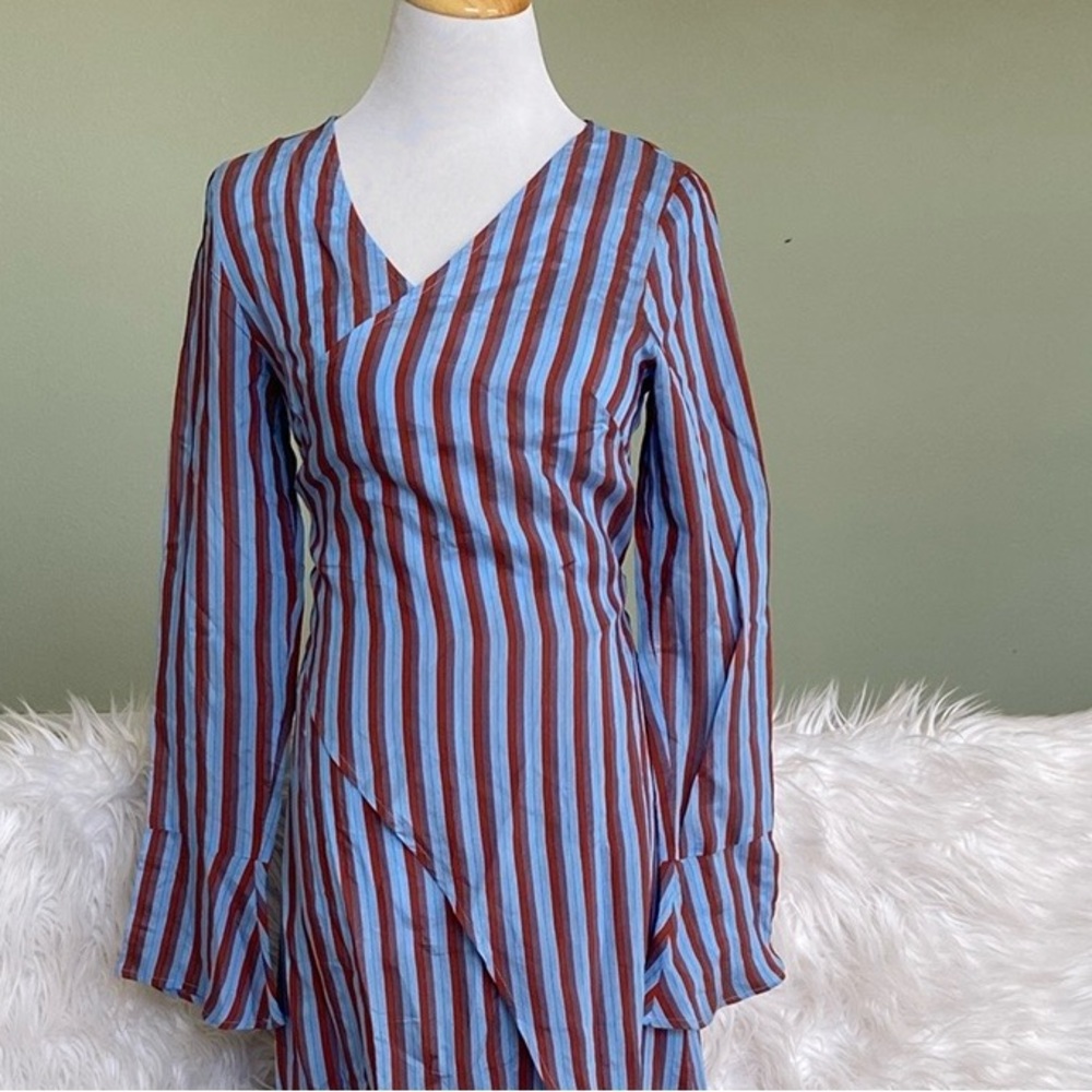 Anthropologie Blue and Brown Wrap Dress with Bishop Sleeves